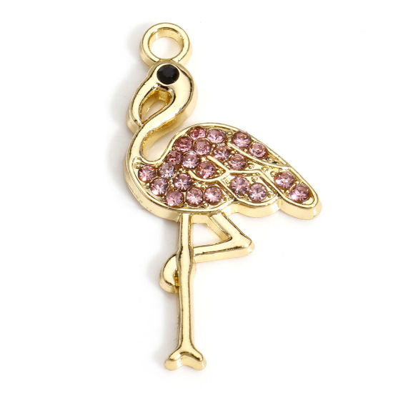 Image de 10 PCs Zinc Based Alloy Charms Gold Plated Flamingo Micro Pave Pink Rhinestone 28mm x 15mm