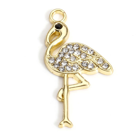 Image de 10 PCs Zinc Based Alloy Charms Gold Plated Flamingo Micro Pave Clear Rhinestone 28mm x 15mm