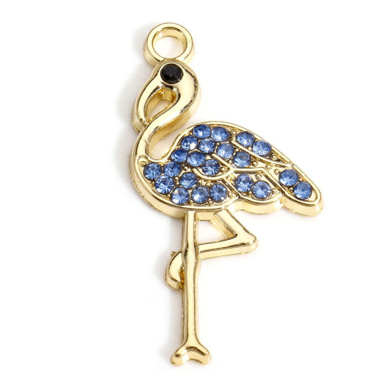 Picture of 10 PCs Zinc Based Alloy Charms Gold Plated Flamingo Micro Pave Blue Rhinestone 28mm x 15mm