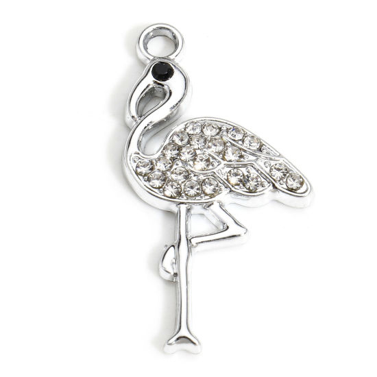 Picture of 10 PCs Zinc Based Alloy Charms Silver Tone Flamingo Micro Pave Clear Rhinestone 28mm x 15mm