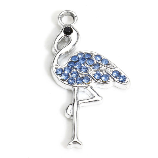 Picture of 10 PCs Zinc Based Alloy Charms Silver Tone Flamingo Micro Pave Blue Rhinestone 28mm x 15mm