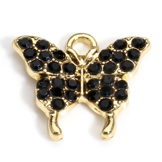 Image de 10 PCs Zinc Based Alloy Insect Charms Gold Plated Butterfly Animal Micro Pave Black Rhinestone 17mm x 15mm