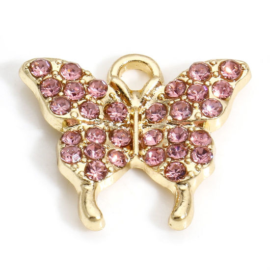 Bild von 10 PCs Zinc Based Alloy Insect Charms Gold Plated Butterfly Animal Micro Pave Pink Rhinestone 17mm x 15mm