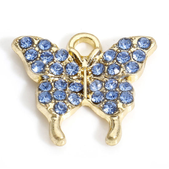 Picture of 10 PCs Zinc Based Alloy Insect Charms Gold Plated Butterfly Animal Micro Pave Blue Rhinestone 17mm x 15mm