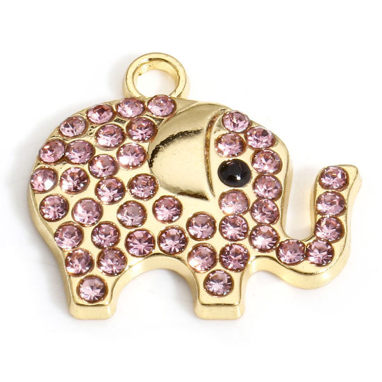 Image de 10 PCs Zinc Based Alloy Charms Gold Plated Elephant Animal Micro Pave Pink Rhinestone 19mm x 17mm