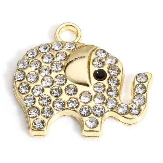 Image de 10 PCs Zinc Based Alloy Charms Gold Plated Elephant Animal Micro Pave Clear Rhinestone 19mm x 17mm