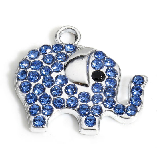 Bild von 10 Stück Zinklegierung Charms Silberfarbe Elefant Micro Pave Blau Strass 19mm x 17mm