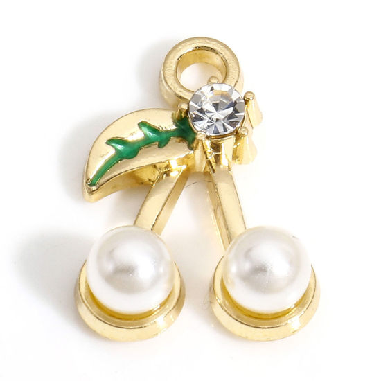 Picture of 10 PCs Zinc Based Alloy Charms Gold Plated Green Cherry Fruit Acrylic Imitation Pearl 17mm x 12mm