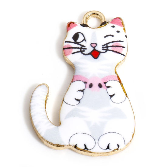 Picture of 10 PCs Zinc Based Alloy Charms Gold Plated White Cat Animal Enamel 28mm x 18mm