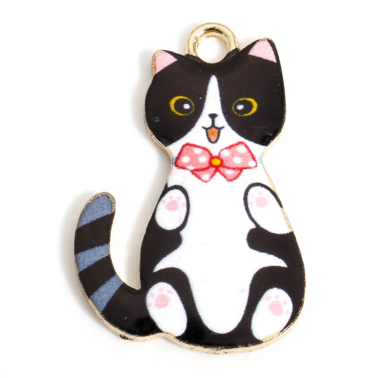 Picture of 10 PCs Zinc Based Alloy Charms Gold Plated Black Cat Animal Enamel 28mm x 18mm