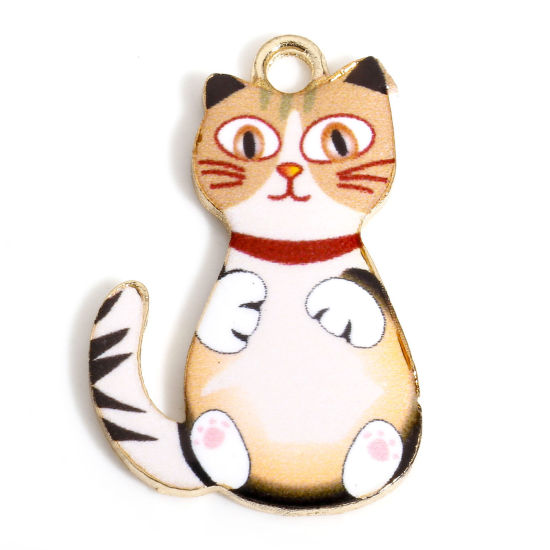 Picture of 10 PCs Zinc Based Alloy Charms Gold Plated Light Brown Cat Animal Enamel 28mm x 18mm