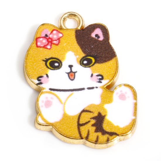 Picture of 10 PCs Zinc Based Alloy Charms Gold Plated Orange Cat Animal Enamel 22mm x 17mm