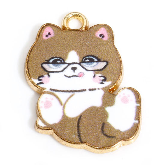 Picture of 10 PCs Zinc Based Alloy Charms Gold Plated Brown Cat Animal Enamel 22mm x 17mm