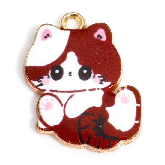 Image de 10 PCs Zinc Based Alloy Charms Gold Plated Wine Red Cat Animal Enamel 22mm x 17mm