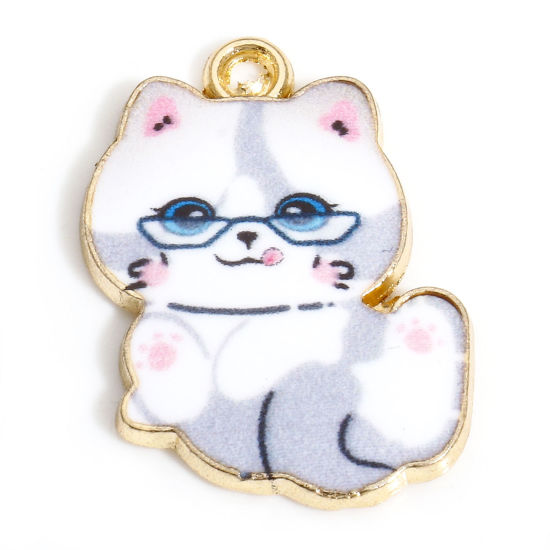 Picture of 10 PCs Zinc Based Alloy Charms Gold Plated French Gray Cat Animal Enamel 22mm x 17mm