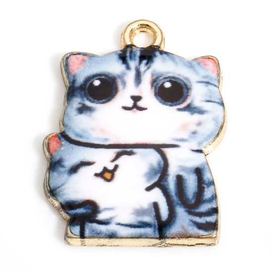 Picture of 10 PCs Zinc Based Alloy Charms Gold Plated Gray Cat Animal Enamel 22mm x 16mm