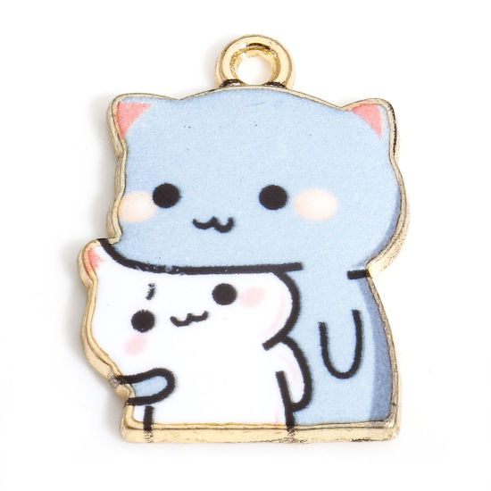 Picture of 10 PCs Zinc Based Alloy Charms Gold Plated Light Blue Cat Animal Enamel 22mm x 16mm