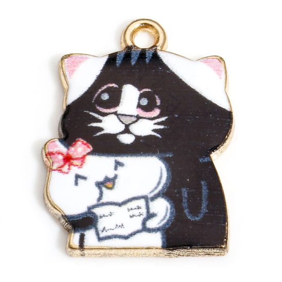 Picture of 10 PCs Zinc Based Alloy Charms Gold Plated Black Cat Animal Enamel 22mm x 16mm
