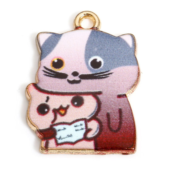 Picture of 10 PCs Zinc Based Alloy Charms Gold Plated Wine Red Cat Animal Enamel 22mm x 16mm
