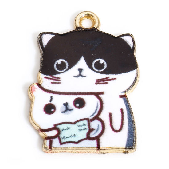 Picture of 10 PCs Zinc Based Alloy Charms Gold Plated White Cat Animal Enamel 22mm x 16mm
