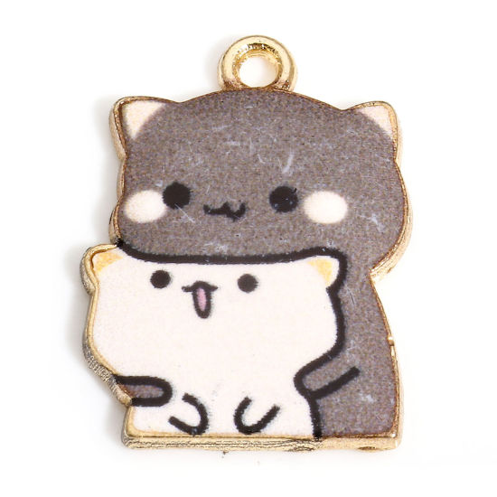 Picture of 10 PCs Zinc Based Alloy Charms Gold Plated Brown Cat Animal Enamel 22mm x 16mm