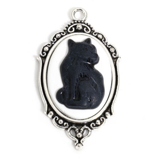 Picture of 5 PCs Zinc Based Alloy Halloween Pendants Antique Silver Color Oval Cat With Resin Cabochons 3.7cm x 2.5cm