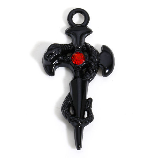 Image de 2 PCs Zinc Based Alloy Halloween Pendants Black Cross Snake Red Rhinestone 5.4cm x 2.6cm
