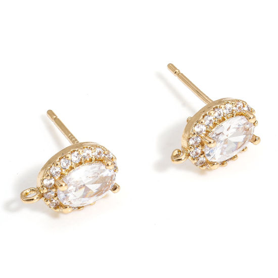 Picture of 1 Pair Brass Ear Post Stud Earring With Loop Connector Accessories Gold Plated Oval Clear Cubic Zirconia 10mm x 6.5mm, Post/ Wire Size: (20 gauge)