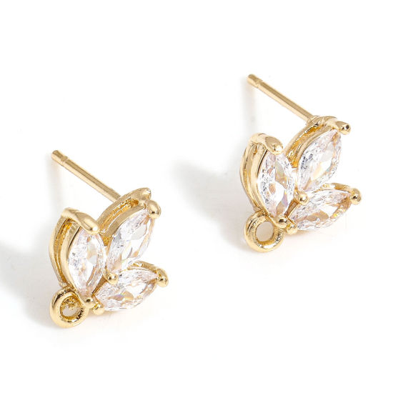 Picture of 1 Pair Brass Ear Post Stud Earring With Loop Connector Accessories Gold Plated Leaf Clover Clear Cubic Zirconia 10mm x 8mm, Post/ Wire Size: (20 gauge)