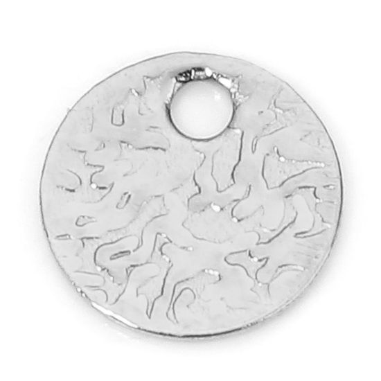 Изображение 2 PCs Eco-friendly Vacuum Plating 304 Stainless Steel Hammered Charms Silver Tone Round Embossing 6mm x 6mm