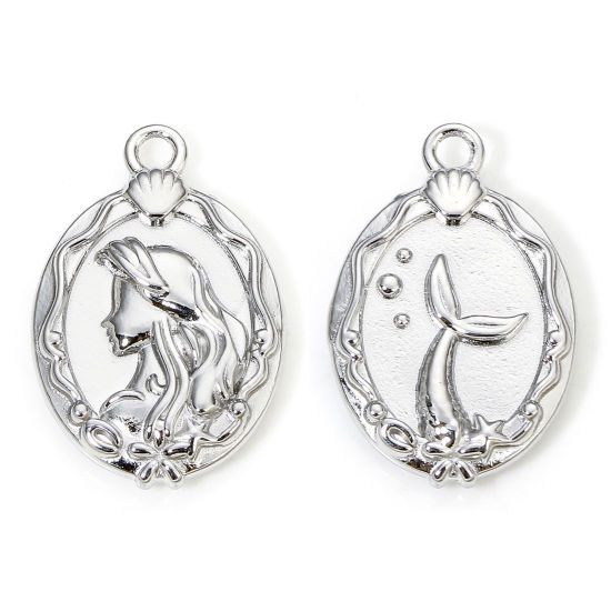 Picture of 1 Piece Hypoallergenic 304 Stainless Steel Retro Charms Silver Tone Oval Mermaid 18mm x 12mm