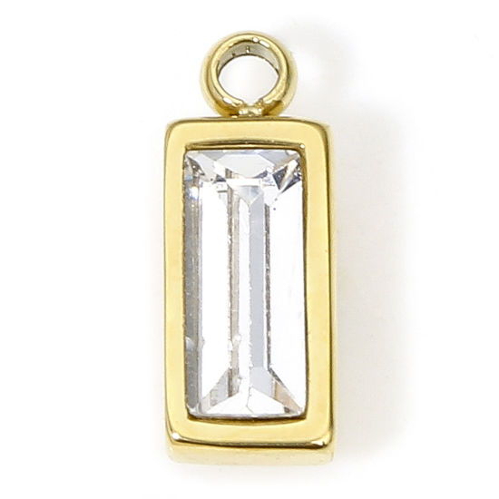 Image de 1 Piece Eco-friendly Vacuum Plating 304 Stainless Steel Birthstone Charms Gold Plated Rectangle Trapezoid Clear Rhinestone 11mm x 4.5mm