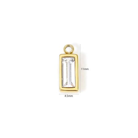Picture of 1 Piece Eco-friendly PVD Vacuum Plating Waterproof Anti-Tarnish Hypoallergenic 304 Stainless Steel April Birthstone Charms 14K Real Gold Plated Rectangle Mini Clear Cubic Zirconia 11mm x 4mm