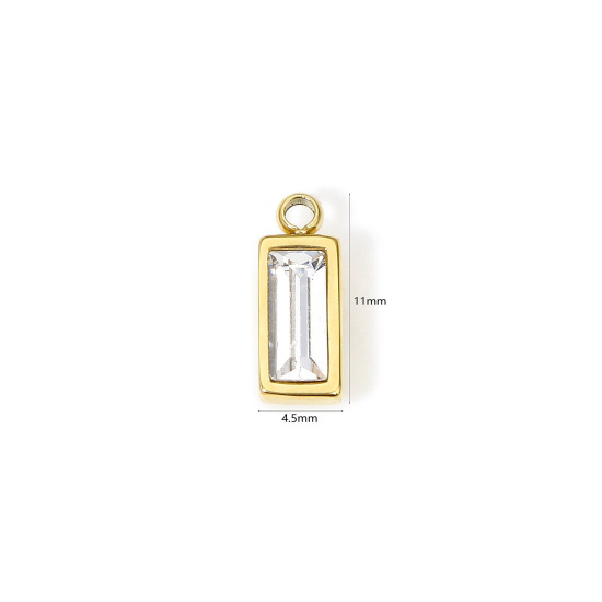 Picture of 1 Piece Eco-friendly PVD Vacuum Plating 304 Stainless Steel April Birthstone Charms 14K Real Gold Plated Rectangle Mini Clear Cubic Zirconia 11mm x 4mm