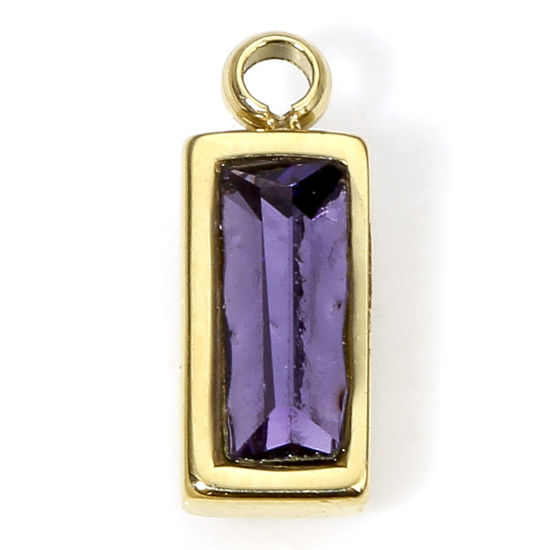 Image de 1 Piece Eco-friendly Vacuum Plating 304 Stainless Steel Birthstone Charms Gold Plated Rectangle Trapezoid Purple Rhinestone 11mm x 4.5mm