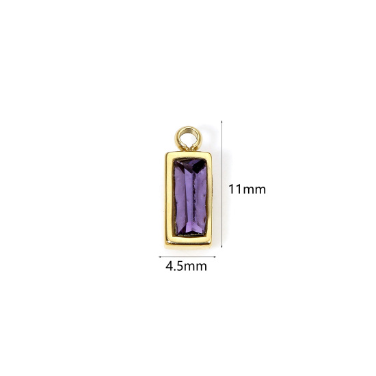 Picture of 1 Piece Eco-friendly PVD Vacuum Plating 304 Stainless Steel February Birthstone Charms 14K Real Gold Plated Rectangle Mini Purple Cubic Zirconia 11mm x 4mm