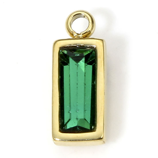 Image de 1 Piece Eco-friendly Vacuum Plating 304 Stainless Steel Birthstone Charms Gold Plated Rectangle Trapezoid Green Rhinestone 11mm x 4.5mm