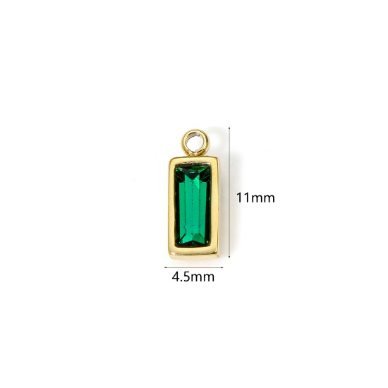 Picture of 1 Piece Eco-friendly PVD Vacuum Plating 304 Stainless Steel May Birthstone Charms 14K Real Gold Plated Rectangle Mini Emerald Cubic Zirconia 11mm x 4mm