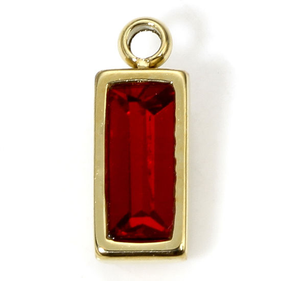 Image de 1 Piece Eco-friendly Vacuum Plating 304 Stainless Steel Birthstone Charms Gold Plated Rectangle Trapezoid Red Rhinestone 11mm x 4.5mm