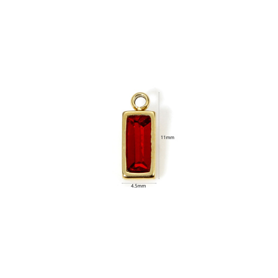 Picture of 1 Piece Eco-friendly PVD Vacuum Plating 304 Stainless Steel July Birthstone Charms 14K Real Gold Plated Rectangle Mini Red Cubic Zirconia 11mm x 4mm