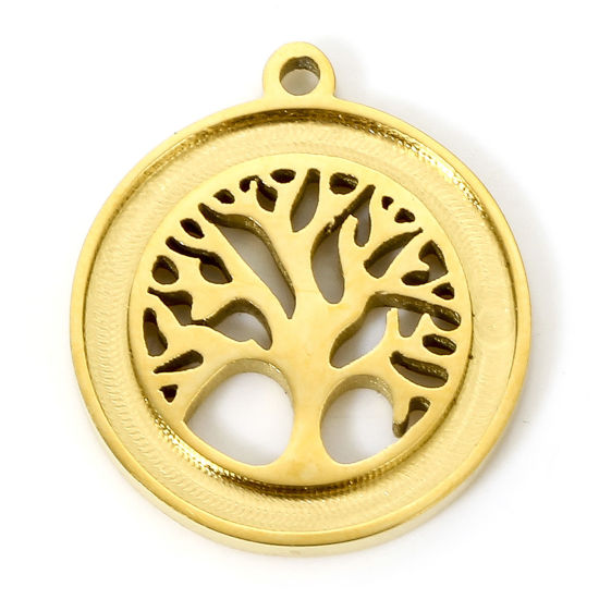 Изображение 1 Piece Eco-friendly Vacuum Plating 304 Stainless Steel Religious Charms Gold Plated Round Tree of Life 17.5mm x 15.5mm