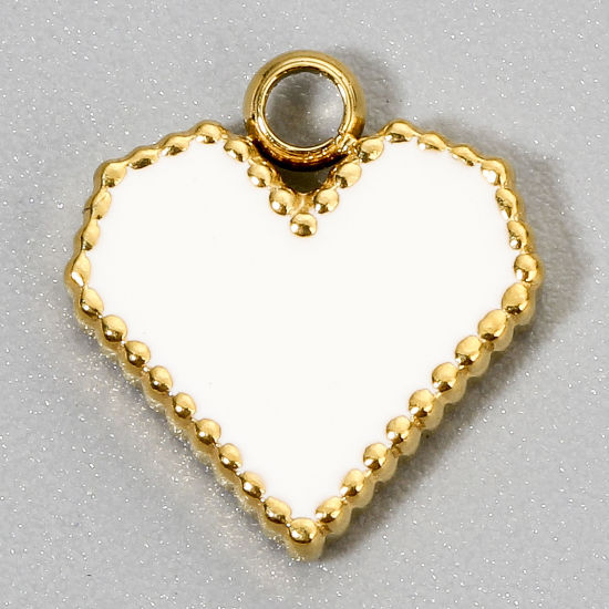 Bild von 1 Piece Eco-friendly Vacuum Plating 304 Stainless Steel Stylish Charms Gold Plated White Heart Enamel 12.5mm x 11.5mm