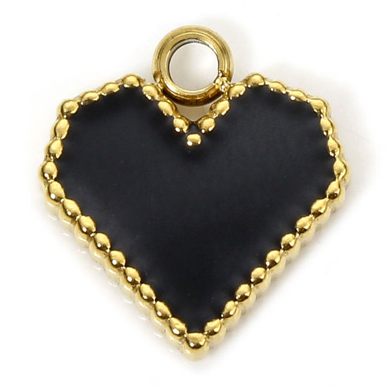 Picture of 1 Piece Eco-friendly Vacuum Plating 304 Stainless Steel Stylish Charms Gold Plated Black Heart Enamel 12.5mm x 11.5mm