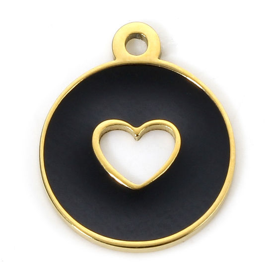 Bild von 1 Piece Eco-friendly Vacuum Plating 304 Stainless Steel Stylish Charms Gold Plated Black Round Heart Hollow 12mm x 10mm