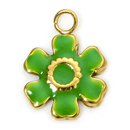 Picture of 1 Piece Eco-friendly Vacuum Plating 304 Stainless Steel Stylish Charms Gold Plated Green Flower Enamel 11.5mm x 8.5mm