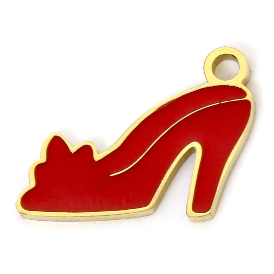 Picture of 1 Piece Eco-friendly Vacuum Plating 304 Stainless Steel Stylish Charms Gold Plated Red High-heeled Shoes Enamel 13mm x 10.5mm