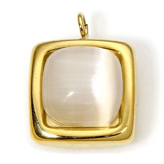 Picture of 1 Piece Eco-friendly Vacuum Plating 304 Stainless Steel Stylish Charms Gold Plated Champagne Square Cat's Eye Imitation 12mm x 9.5mm