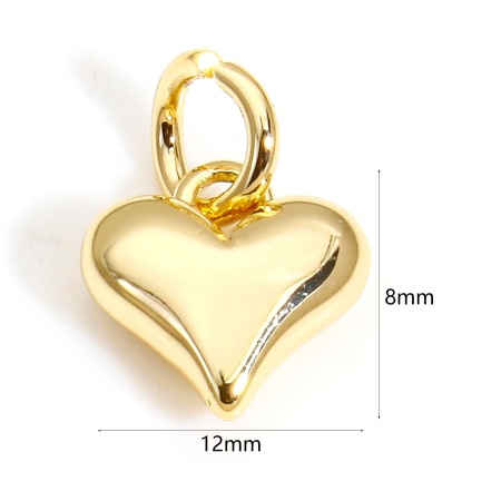 Picture of 2 PCs Eco-friendly Brass Valentine's Day Charms 18K Real Gold Plated Heart 3D 12mm x 8mm