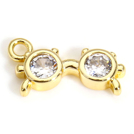 Image de 2 Pcs Breloques Bijoux d'Ecole en Laiton Respectueux de la Nature Lunettes Plaqué Or Véritable 18K à Zircone Cubique Clair 13mm x 7mm