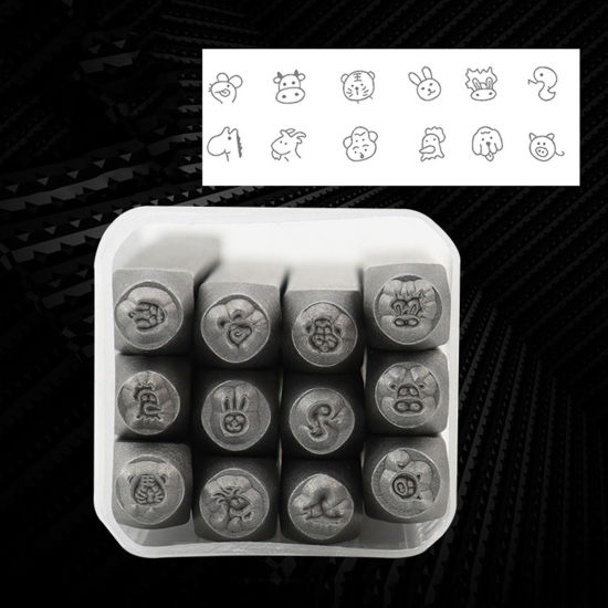 1 セット ( 12個/セット） 鋼 印鑑 刻印セット 長方形の立方体 中国の黄道帯 動物 シルバートーン 6cm x 0.6cm、 の画像